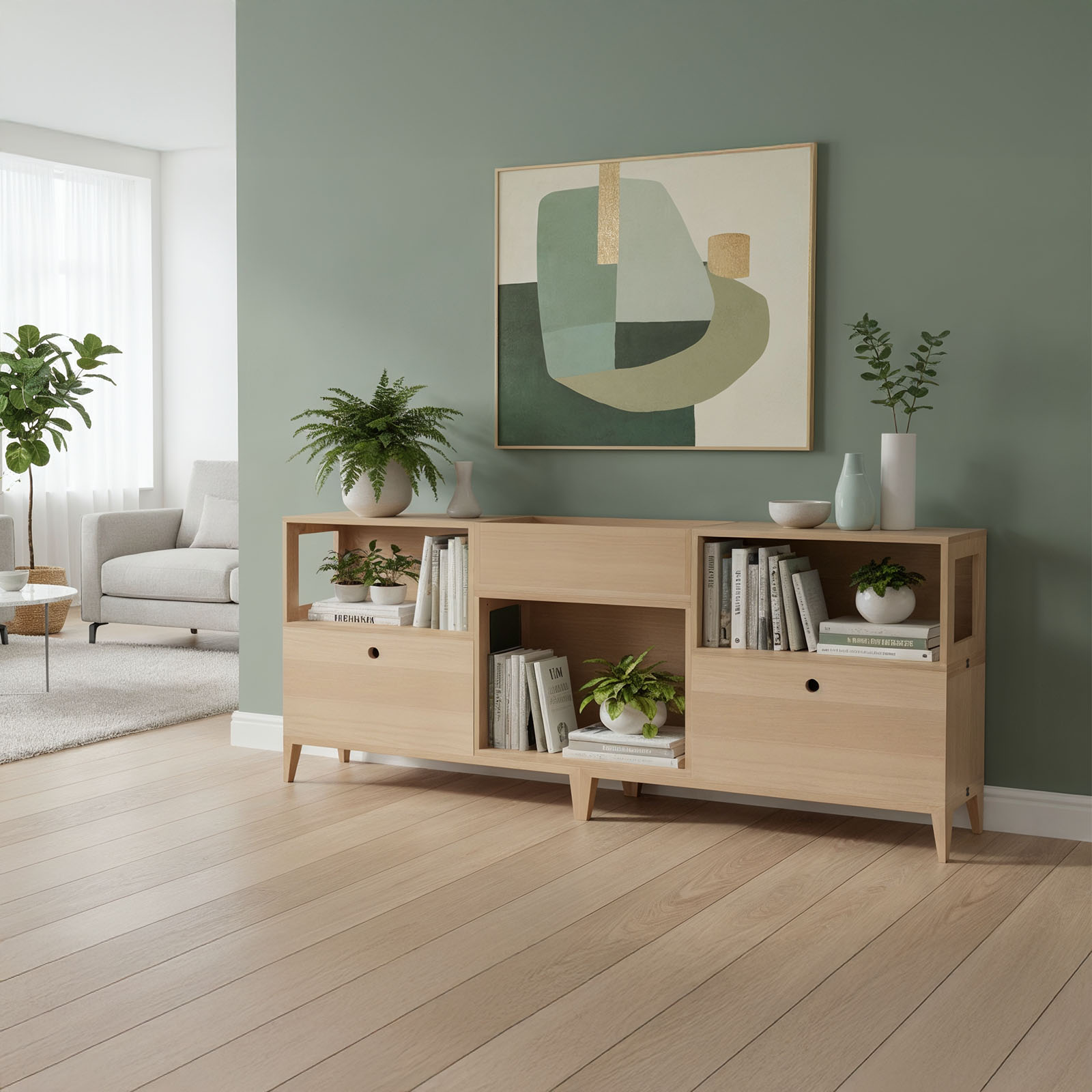 Długi modułowy regał z szufladami i donicą - Planthy Modular System