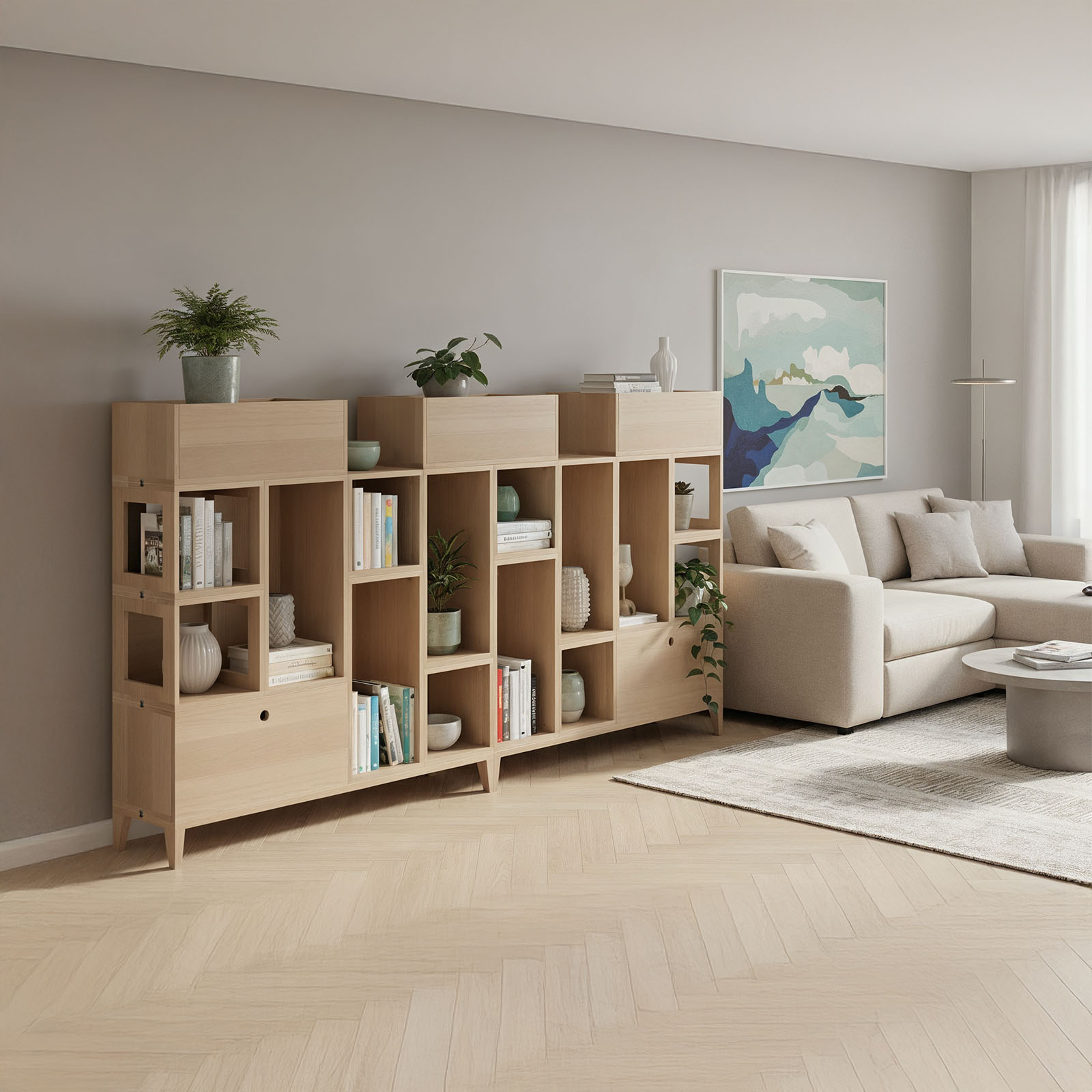 Długi regał modułowy z otwartymi półkami i donicami - Planthy Modular System