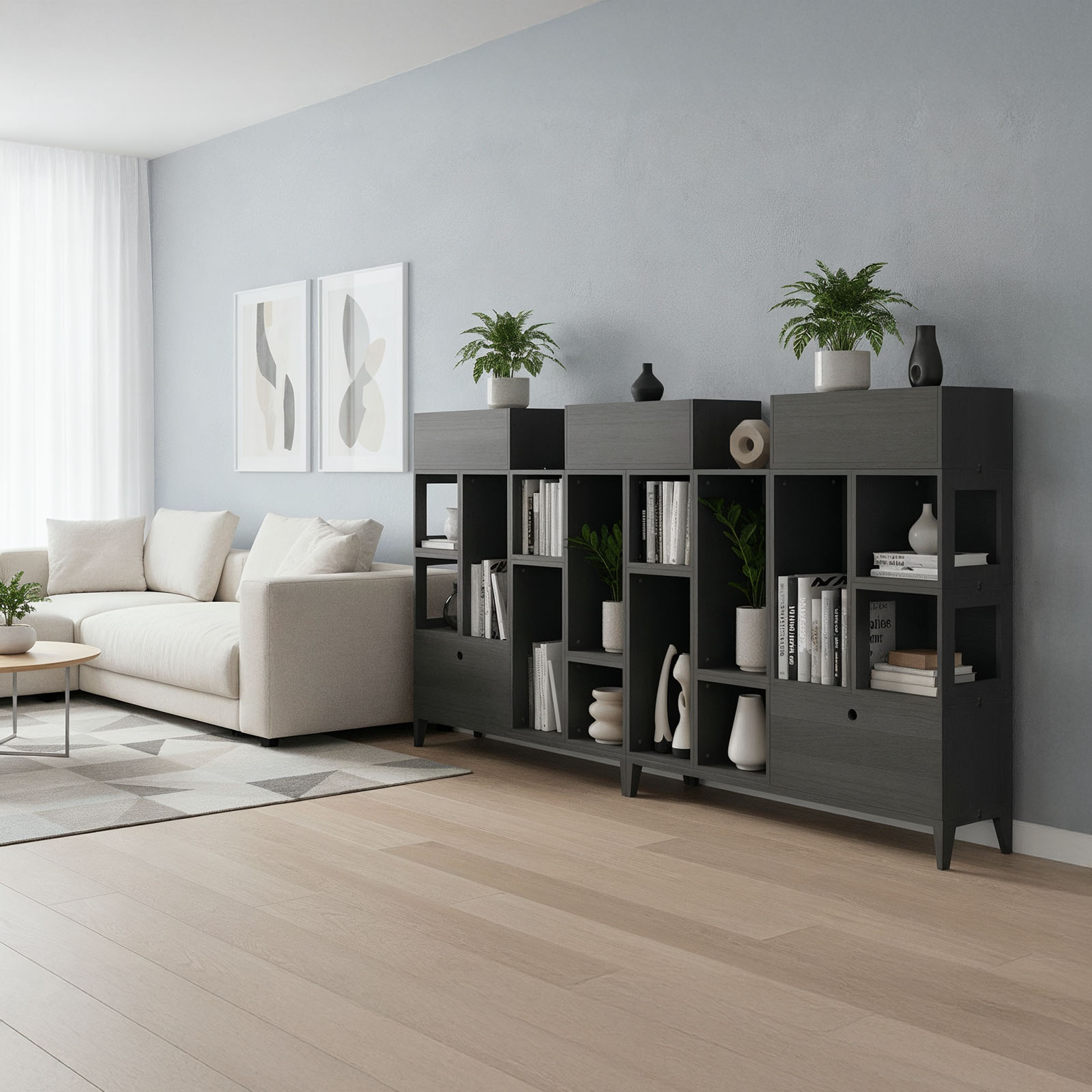 Długi regał modułowy z otwartymi półkami i donicami - Planthy Modular System - obrazek 3